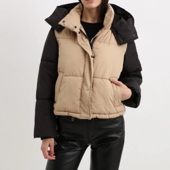 ZARA Color Block Hooded Puffer Jacket Tan\Black S NWOT - Picture 2 of 7